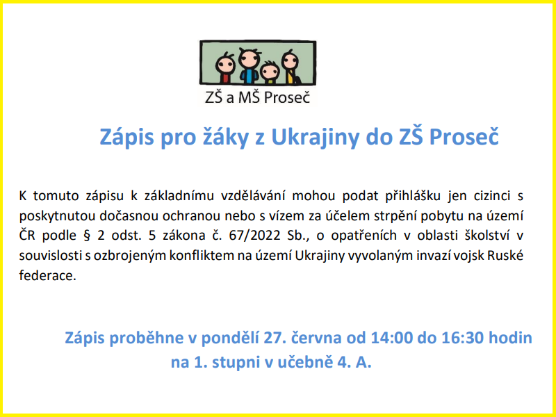 Zápis pro žáky z Ukrajiny do ZŠ Proseč